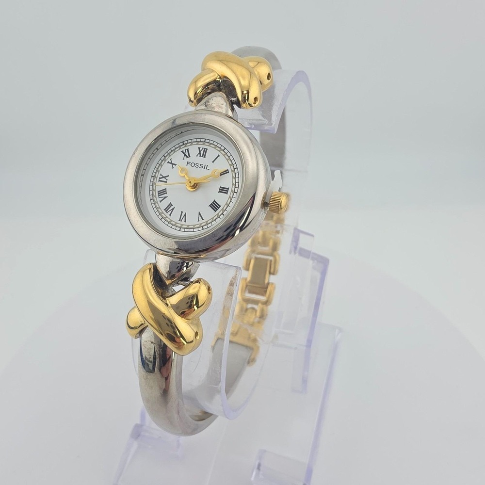 Vintage FOSSIL Ladies Watch Hearts & Crosses 3D Cross Silver & Gold Tone 7.5"